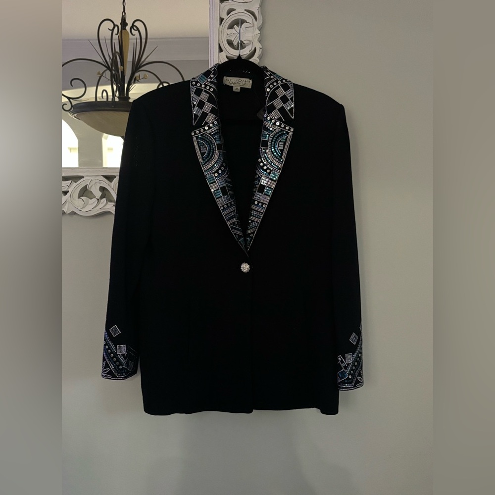 ✨St. John Black Blazer with Blue and Silver Accents Size 10✨